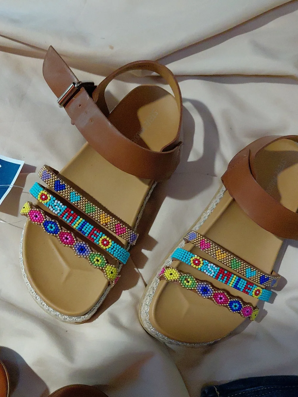Steve Madden Brown Sandals with Multicolor Beaded Straps